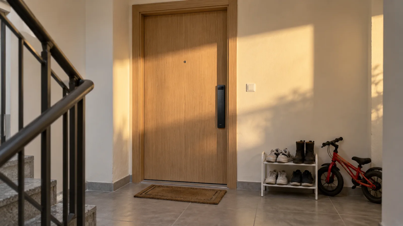 Apartman merdiven boşluğunda ahşap giriş kapısına takılı siyah akıllı kilit
