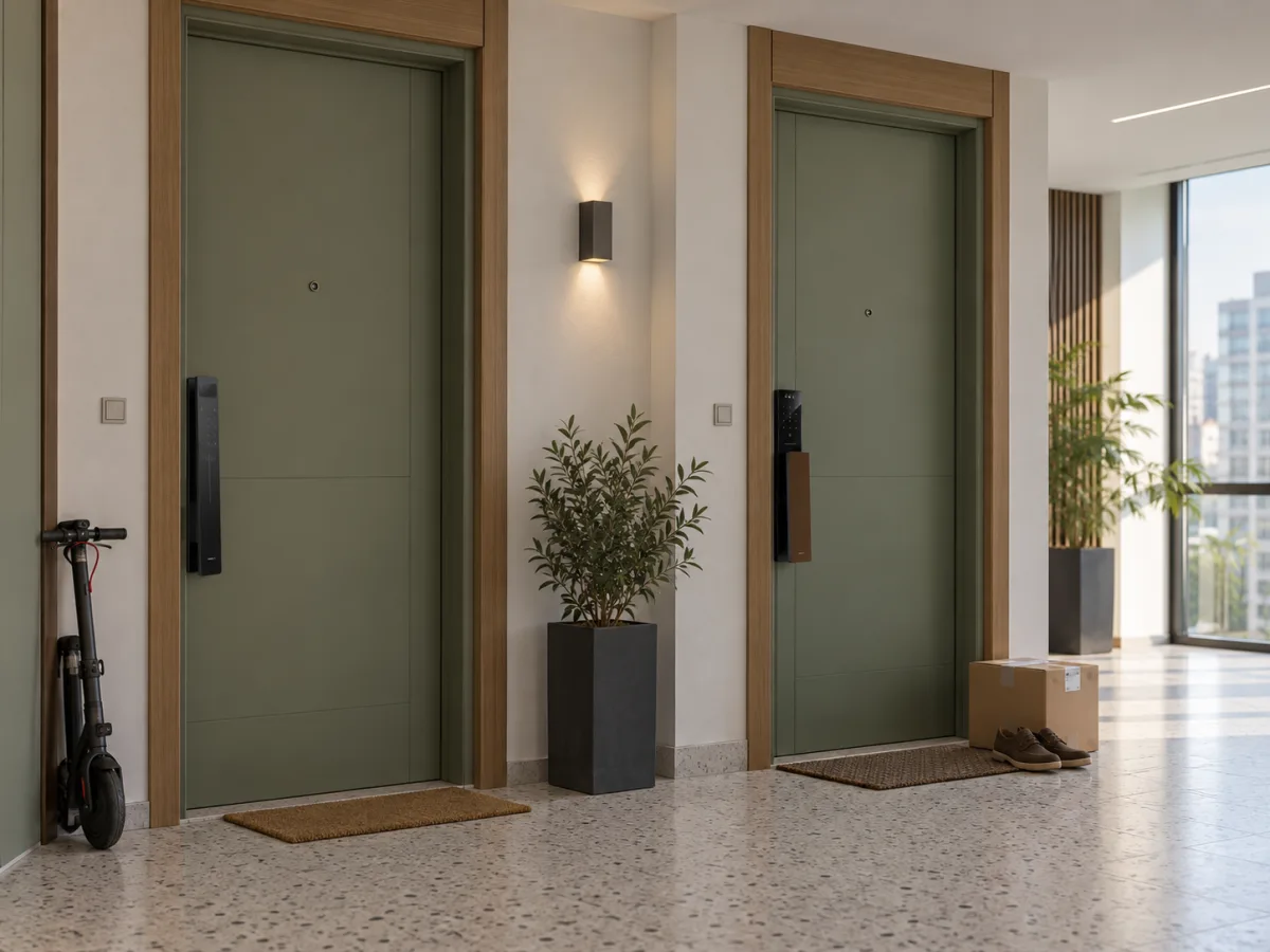Apartman koridorunda yeşil iki daire kapısına takılı iki farklı akıllı kilit