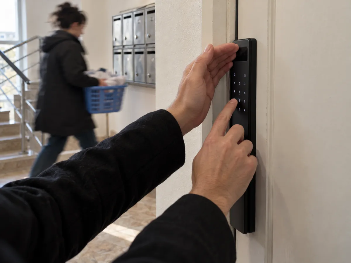 Akıllı kilide şifre girerken tuş takımını eliyle saklayan kişi, arkada geçen komşu