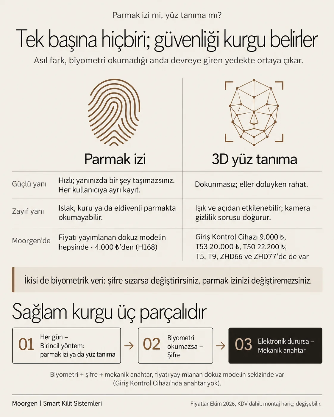 Parmak izi ile 3D yüz tanıma karşılaştırması ve üç katmanlı açılış kurgusu