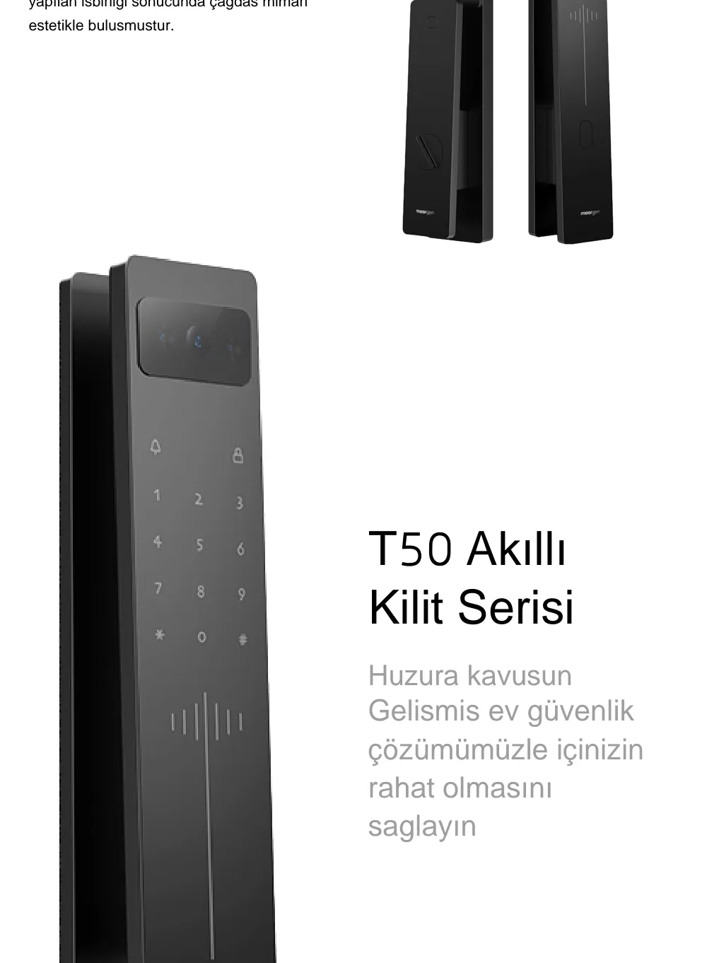 Moorgen T50 Akıllı Kilit broşürü: Moorgen tasarım iş birlikleri, T50 Akıllı Kilit Serisi teknik özellik tablosu ve 8 açma yöntemi