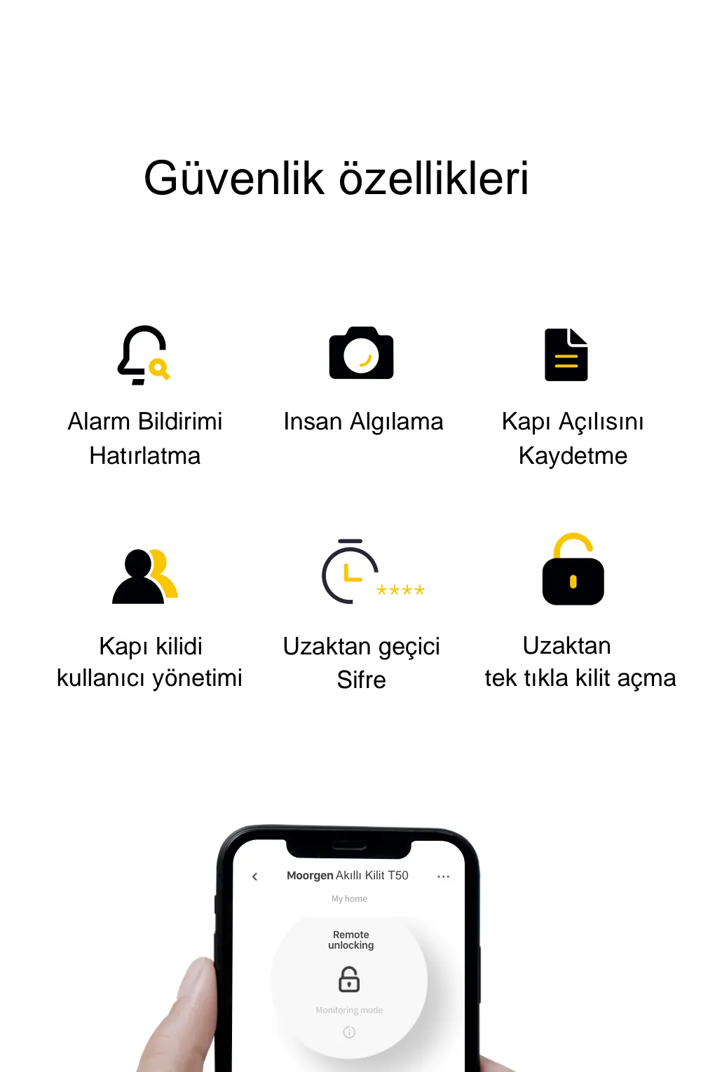 Moorgen T50 Akıllı Kilit broşürü: T50 güvenlik özellikleri, Moorgen Life uygulaması, 3D yüz tanıma ve kızılötesi gece görüşü