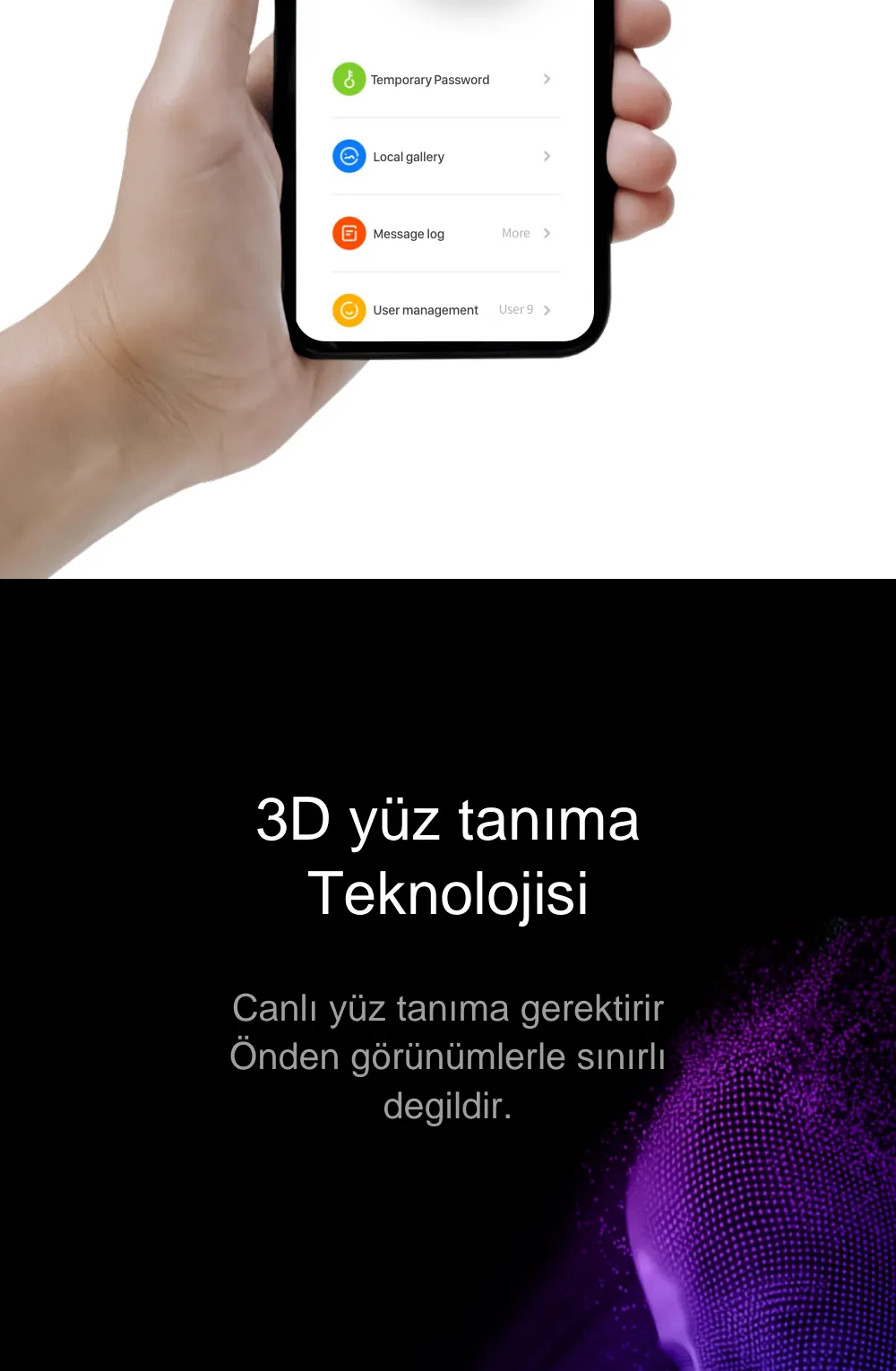Moorgen T50 Akıllı Kilit broşürü: T50 güvenlik özellikleri, Moorgen Life uygulaması, 3D yüz tanıma ve kızılötesi gece görüşü