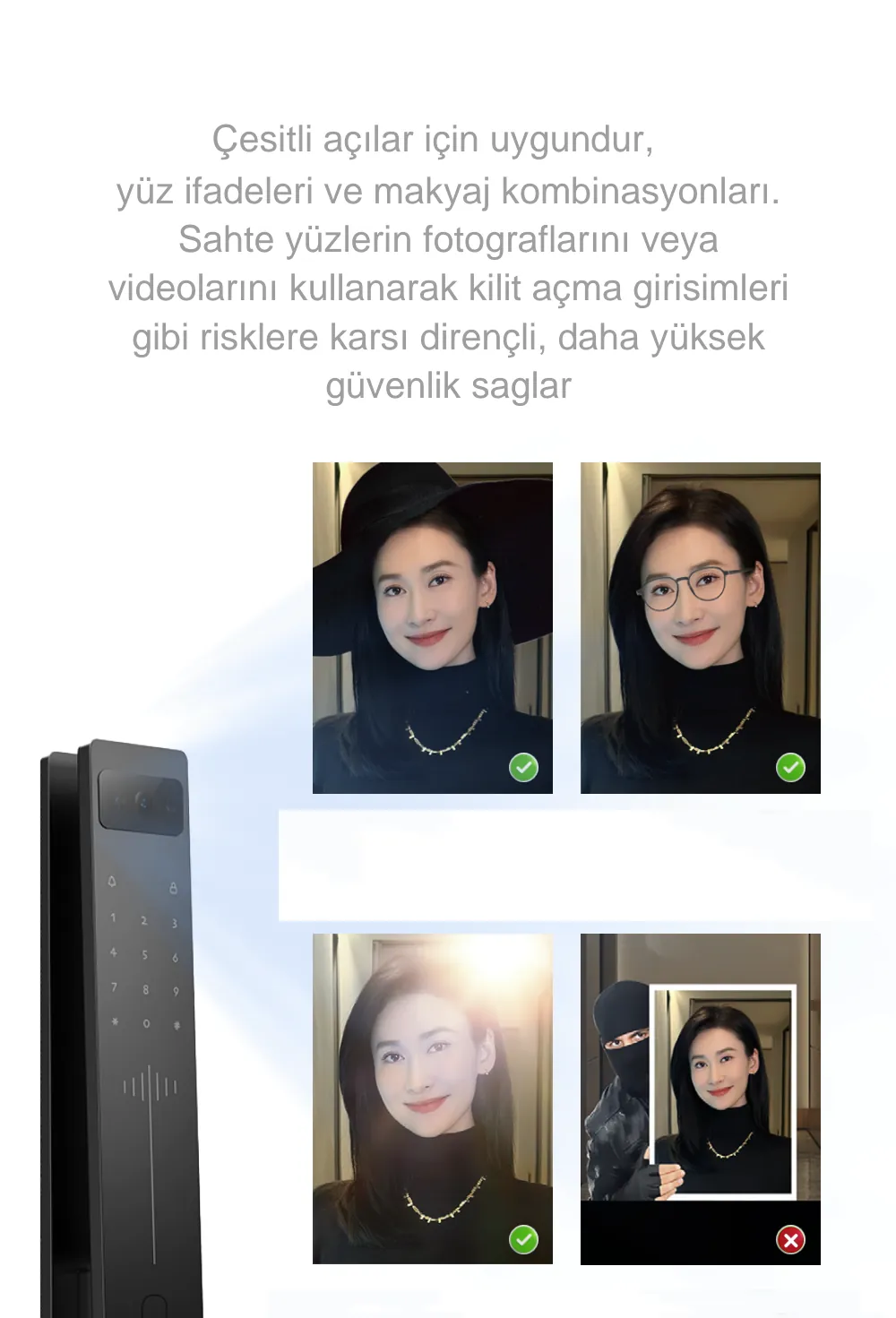 Moorgen T50 Akıllı Kilit broşürü: T50 sahte yüz koruması, parmak damar tanıma, kendinden kilitlemeli gömme kilit, 5 inç HD ekran ve 1 MP kamera