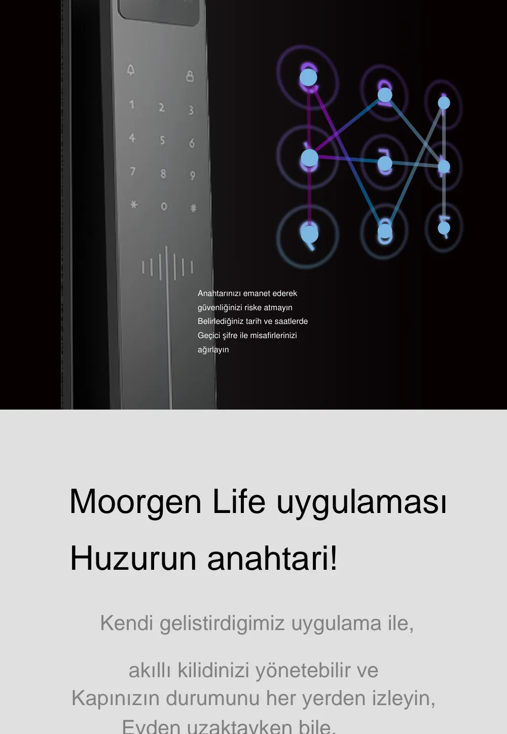 Moorgen T50 Akıllı Kilit broşürü: Moorgen Life uygulamasıyla uzaktan yönetim ve T50 dış boyutları