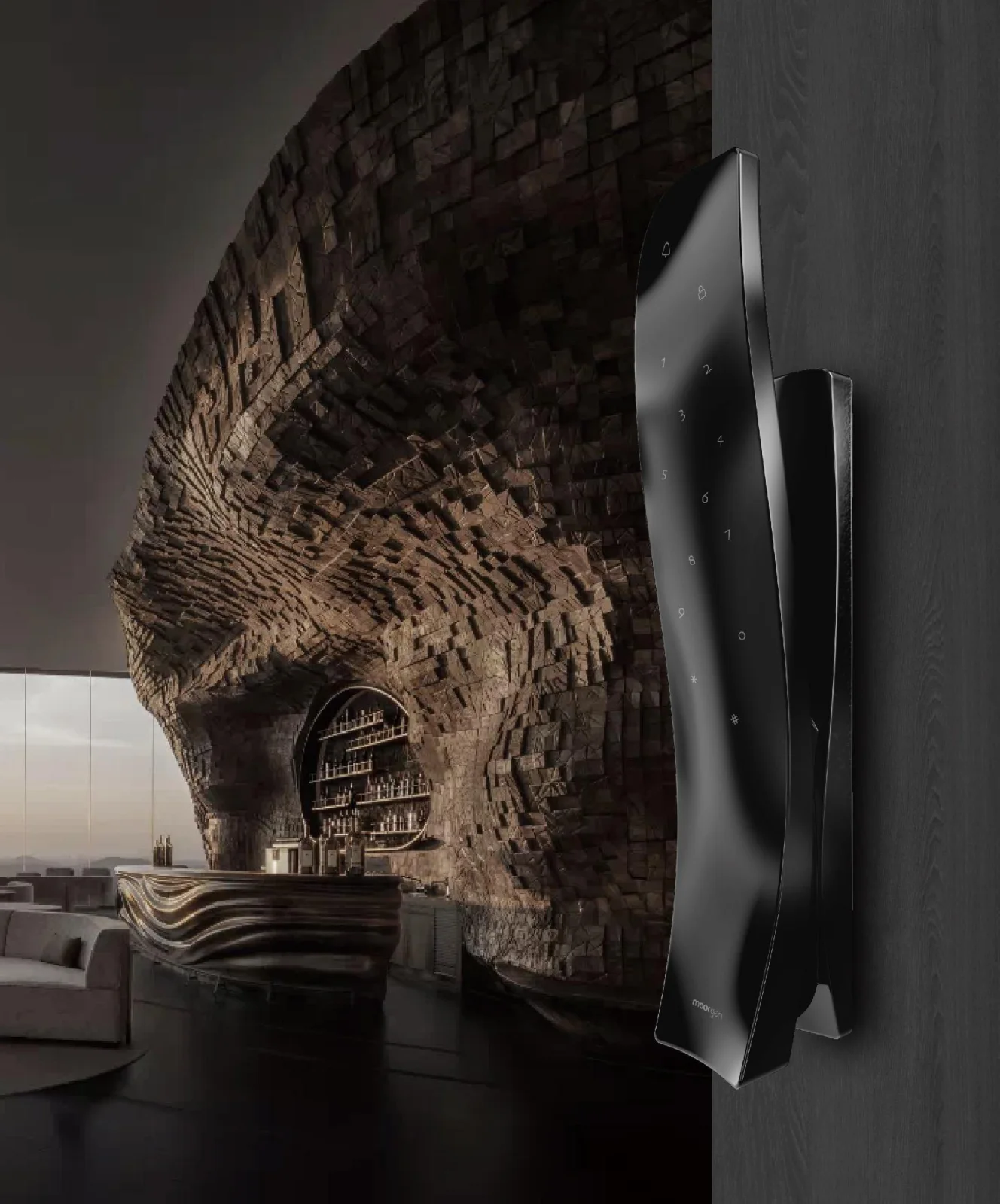 قفل Moorgen ZHD66 Zaha Hadid Design على باب داكن في مكان بجدران خشبية متموجة
