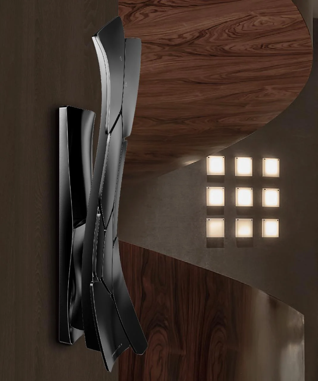 قفل Moorgen ZHD77 Zaha Hadid Design على باب بقشرة خشب الجوز